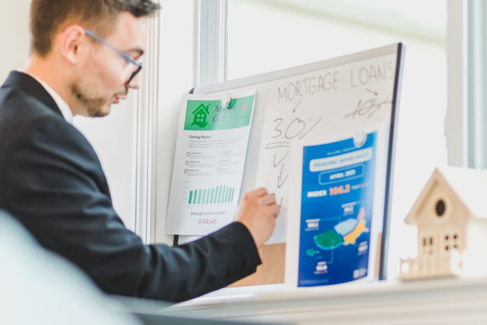 Forelution specialist explaining mortgage loan options on a whiteboard