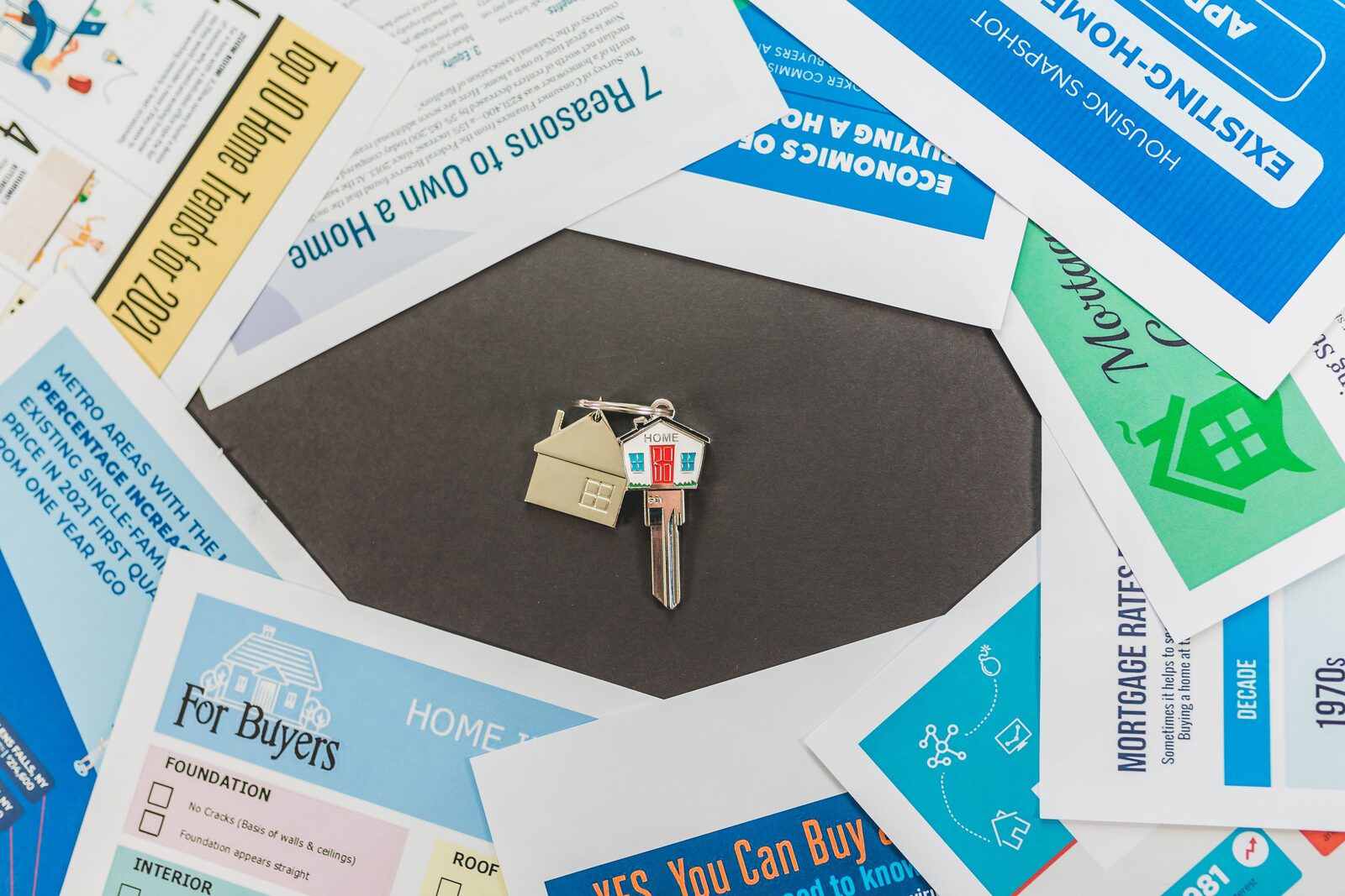 House key and real estate market research brochures